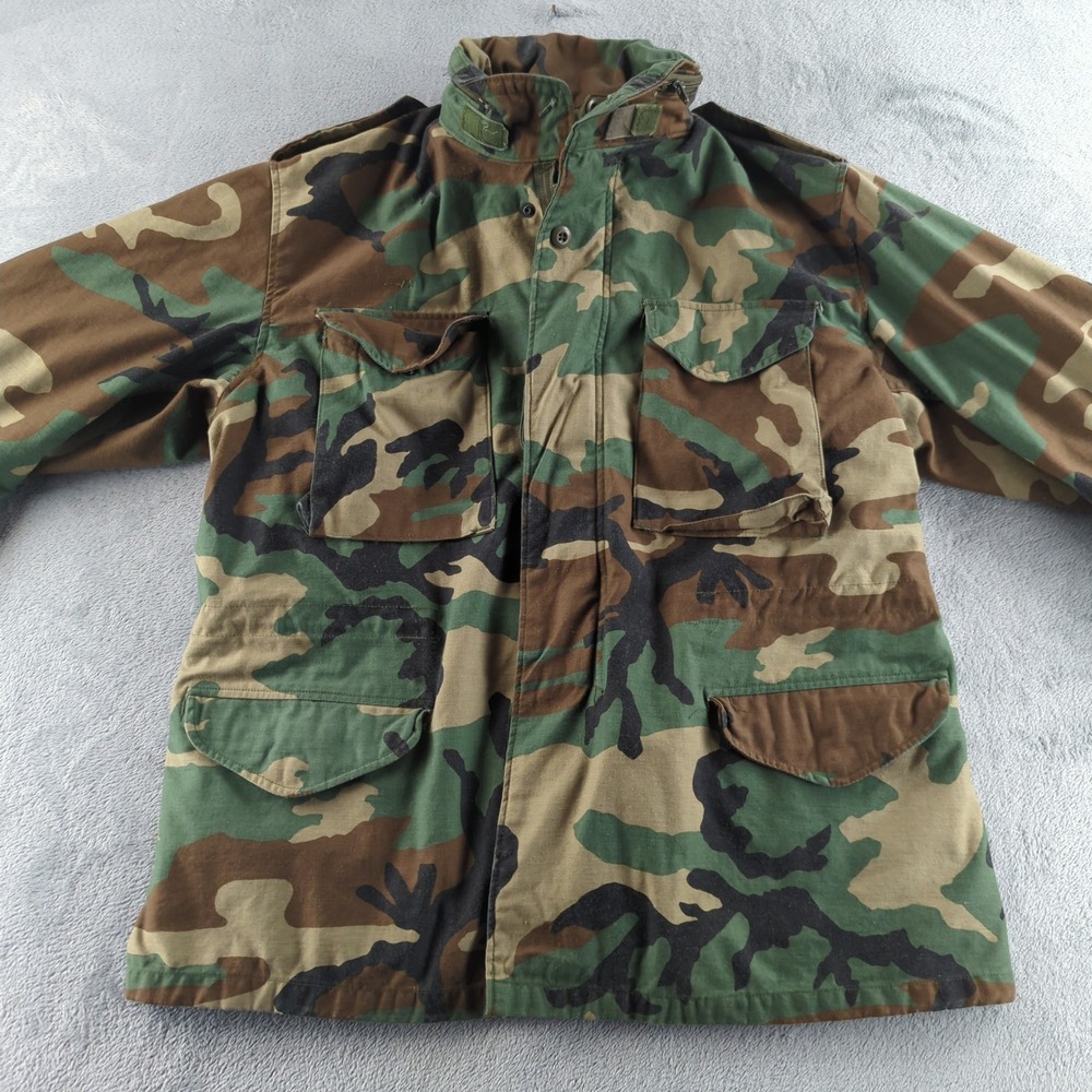 Vintage 80s US Military Jacket Mens Large Woodland Camo M65 Field Golden Mfg YKK